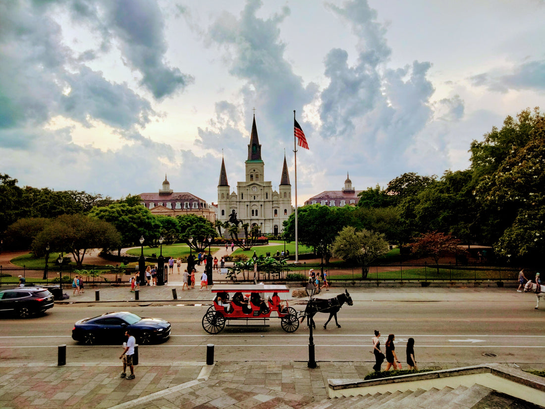 A horse drawn carriage in front of St. Louis Cathedral headed into the French Quarter, New Orleans